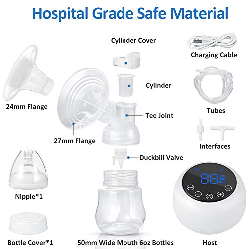 COTEY Double Electric Breast Pump Silicone Milk Extractor with Removable Flanges Wireless Breastpumps Portable for Travel (Accessories Set, 9 Levels of Suctions, Memory Function)
