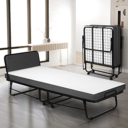 Single Folding Bed with Mattress & Headboard,Rollaway Guest Bed with Sturdy Metal Frame,Memory