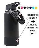One MissionX Paracord Handle with Protective Silicone Bottom Boot Cover for Hydro 32-40 oz Wide Mouth Flask (Black)