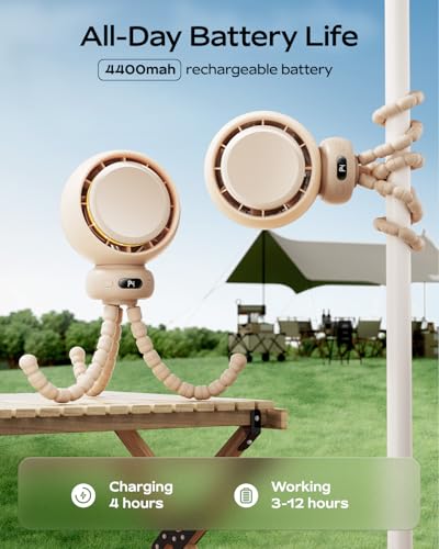 Bearwind Mini Portable Stroller Fan – 60° Auto Oscillation, Quiet USB-C Rechargeable Baby Fan, 4 Speeds, Night Light & Warning Light, Flexible Tripod for Stroller, Car Seat, Crib, Camping (Brown)