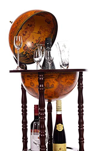 Riesiger Barwagen 33001 R, mit massiven Eukalyptusholz Säulen, in Antikbraun geöffnet 100 cm hoch und 44 cm breit, mit Rollen, antike Weltkugel Globusbar, Bartisch, Hausbar, Barwagen, Weltkugel – Bild 5