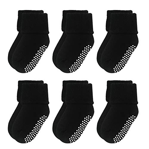 VWU Baby Socks with Grips Thick Cotton Socks for Toddler Infant Baby Girl Baby Boy 0-3 Years Old 5 Color (Black(6-pack), 1-3 Years)