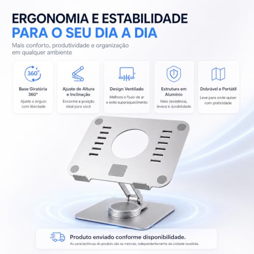 Suporte para Notebook Ajustável em Alumínio com Giro 360°, Base Antiderrapante, Dobrável, Ergonômico, Compatível com Notebook, MacBook e Tablet até 17"