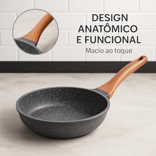Frigideira Cerâmica Antiaderente Premium 28 cm Grande, Cabo soft touch Ergonômico, Grill, Frita sem Óleo, Limpa fácil, Compatível com Fogão a Gás e Indução.