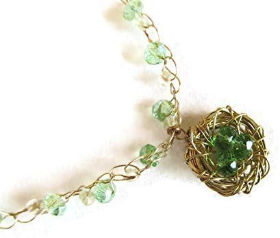 Green and Gold Wire Wrapped Bird Nest Pendant Necklace, August Birthstone Virgo