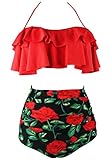 Cocoship Red Rose Floral & Red Retro Boho Flounce Falbala High Waist Bikini Set Chic Swimsuit Bathing Suit XL(FBA)