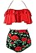 COCOSHIP Red Rose Floral & Red Retro Boho Flounce Falbala High Waist Bikini Set Chic Swimsuit Bathing Suit L(FBA)