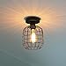 KOONTING Industrial Semi Flush Mount Ceiling Light, Metal Cage Pendant Lighting Lamp Fixture for Hallway Stairway Porch Bedroom Kitchen, Use 1 E26 Bulb, Black.