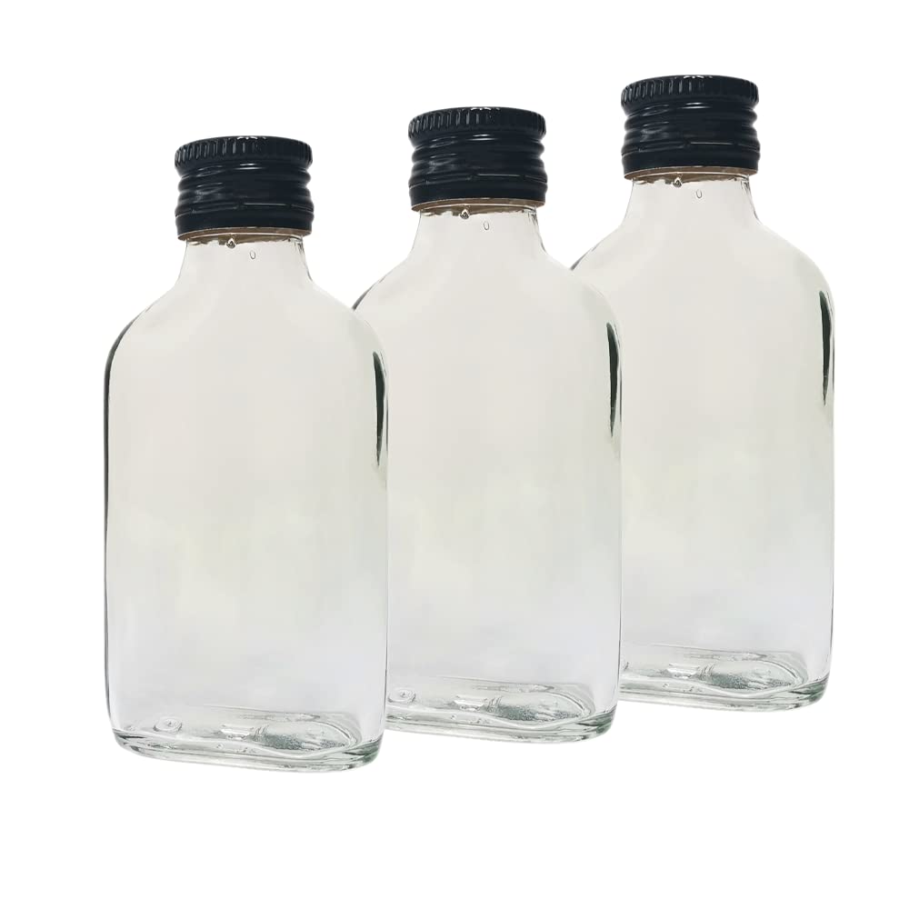 DIAH DO IT AT HOME 10x 100ml Clear Glass Pocket Flask Bottles + Black Airtight Screw Caps - Small Leakproof Liquor Bottles for DIY Filling, Spirits, Party Favors & Homemade Liquids