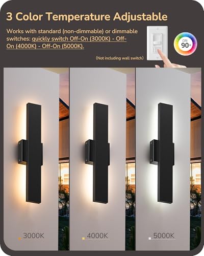 EDISHINE 2 Pack LED Outdoor Wall Lights Dimmable, 3CCT (3000K 4000K 5000K), 15.7'' Modern Black Exterior Light Fixtures, Waterproof Front Door Lights for Entrance, Hallway, Garage, Porch