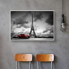 Framed Canvas Wall Art for Living Room, Bedroom Red Car Against The Eiffel Tower Canvas Prints for Home Decoration Ready to Hang - 16x24 inches