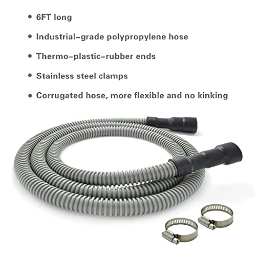 Universal Dishwasher Drain Hose - 6 Ft Discharge Hose - Corrugated and Flexible Dishwasher Hose Drain Replacement with Clamp