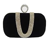 Chicastic Black Suede Rhinestone Studded One Ring Knuckle Duster Style Minaudiere Evening Cocktail Clutch Bag