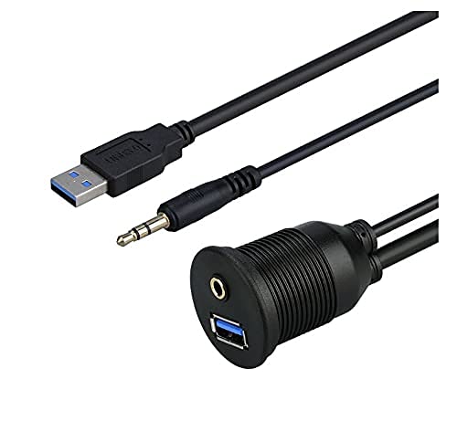 Baolongking USB 3.0 & 3.5mm Car Mount Flush Cable - 3.5mm + USB3.0 AUX Extension Dash Panel Waterproof Mount Cable For Car, Boat and Motorcycle - 3ft