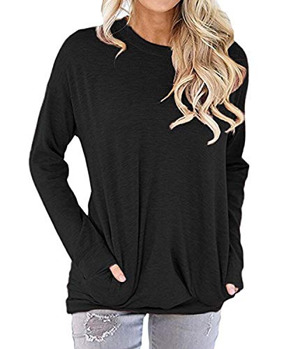 Weilim Women's Casual Blouses T-Shirt Round Neck Long Sleeve Pockets Pullover Top Black S