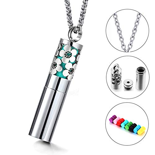 AZORA Essential Oil Diffuser Necklace Aromatherapy Diffuser Flower Cylinder Pendant Locket with Oils Container Stainless Steel Jewelry Gift Sets for Boys Girls Kids Women