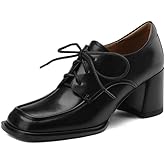 TinaCus Handmade Women's Genuine Leather Square Toe Mid Block Heel Oxford Shoes