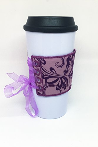 Embroidered Coffee Corset - Purple, Gray, and Black Reversible Fabric Coffee Cozy Cup Wrap Sleeve