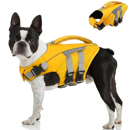 MIGOHI Dog Life Jacket, Reflective Dog Swimming Vest with High Flotation and Rescue Handle, Ripstop Dog Lifesaver for Small Medium Large Dogs, Pet Safety Water Vest for Swimming Boating Surfing