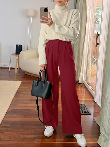 NIEYOOK WOMEN’S CASUAL HIGH WAISTED PALAZZO PANTS FLOWY WIDE LEG TROUSERS WORK SUIT PANTS WITH POCKETS FIERY RED