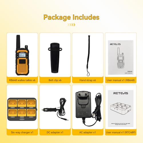 Retevis RB648 Radios, Robust Walkie Talkie, Waterproof, Dustproof, Drop-Proof, 2000 mAh Handheld Radio with 6-Way Charger, PMR446 Professional Walkie Talkie for Construction Site, for Industry (Pack of 6)