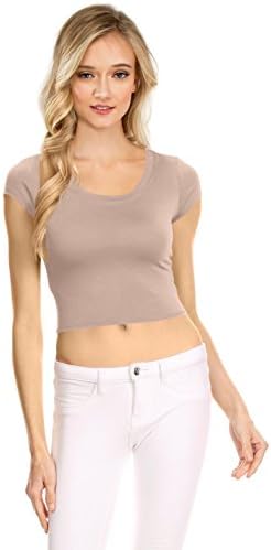 Womens Basic Short Sleeve Scoop Neck Crop Top - USA, T1029, XXX-Large, Khaki