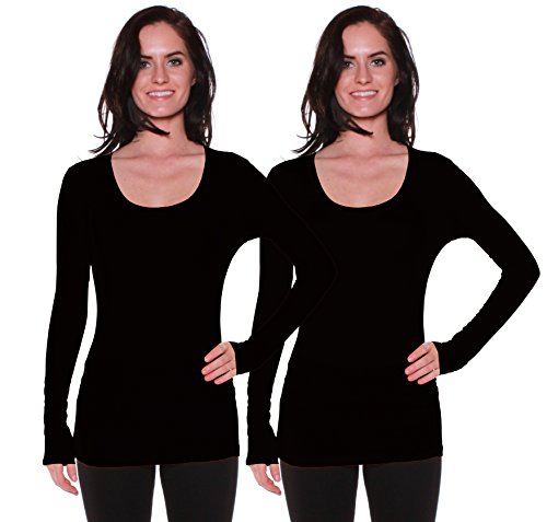 Active Basic Womens Plain Basic Scoop Neck Long Sleeves Tshirt Tee Top - 2 PK - Black, Black, M