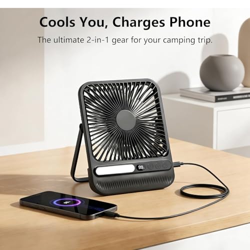Portable Desk Fan for Travel, 7 Inch Portable Fan with Light – Rechargeable Camping Fan, 10000mAh Battery, 28H Runtime, 4 Speeds, Ultra-Thin, Quiet, Timer & LED Display, for Bedroom, Office, Camping