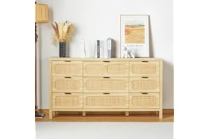 QEIUZON 9 Drawer Dresser, Modern Rattan Dresser Chest with Large Storage and Metal Handles, Rustic Wood Storage Chest of Drawers for Bedroom, Living Room, Entryway (Natural)