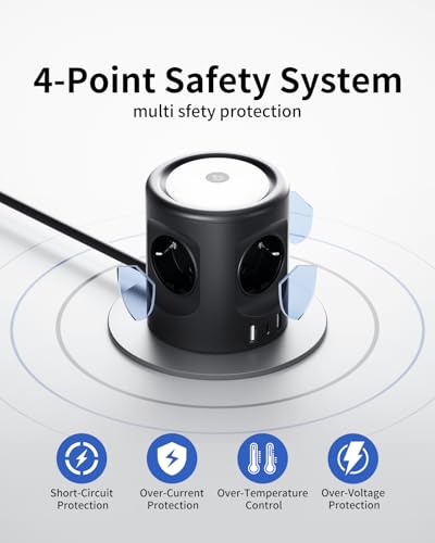 4 Way Power Strip Light Socket with 3 USB Power Strip Light Socket with Switch, 3 Lighting Modes 16A, 2M for Home, Office F(Schuko)