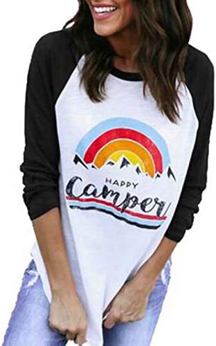 Women Happy Camper Rainbow Raglan T-Shirt 3/4 Sleeve O-Neck Baseball Tees Tops