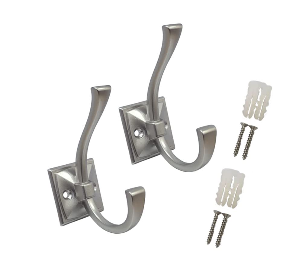QCAA Coat and Hat Hook, Zinc Die Cast, Nickel, 2 Pack, Made in Taiwan