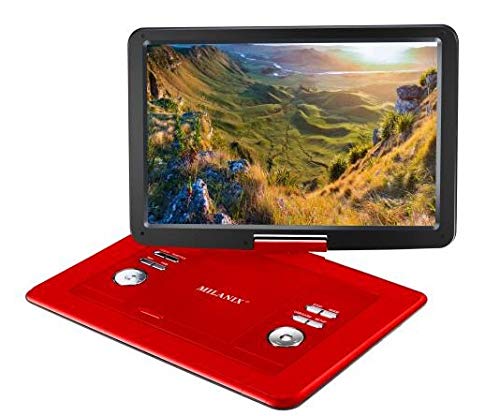 Milanix 15.4" HD Portable DVD Player, CD Player, Swivel Angle Adjustable Display Screen, USB/SD Card Memory Readers, and Built-in Rechargeable Battery with Remote Control, and in-Ear Headphones (Red)