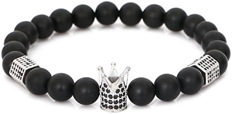 LOLOJ 8mm Black Matte Onyx Stone Micro Pave CZ Zirconia King Crown Charm Stretch Bracelet for Men 7.5" (Silver)