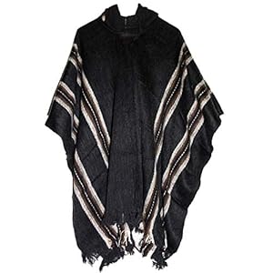 Gamboa – 100% Alpaca – Echte Poncho – Hooded – Zwart met bruine lijnen