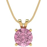 Clara Pucci 1 cttw Pink Simulated Diamond Yellow Gold-Plated Silver Necklace and Pendant for Women (16" Box Chain,Round Cut,6.5mm)