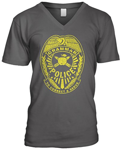 Blittzen Mens V-neck Grammar Police To Correct and Serve, M, Charcoal