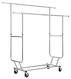 Finnhomy Commercial Grade Adjustable Double Rail Rolling Garment Rack, Heavy Duty Extensible Clothing Hanging Rack with Lockable 4-Inch Industrial Wheels, Chrome