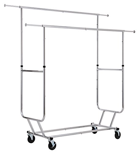 Finnhomy Commercial Grade Adjustable Double Rail Rolling Garment Rack, Heavy Duty Extensible Clothing Hanging Rack with Lockable 4-Inch Industrial Wheels, Chrome