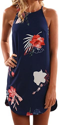 OQC Women's Sleeveless Halter Neck Floral Print Summer Casual Beach Mini Tank Dress
