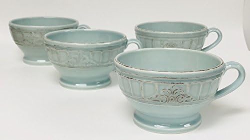 Light Blue/Green With A Brown Distressed Design Set Of 4 Mugs | Made In Portugal | Holds A Generous 14 Ounces | 5.25 inches x 3.25 inches