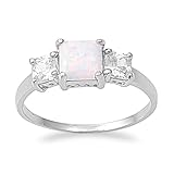 Sterling Silver Square White Created Opal Cz Ring (Size 5 - 10)