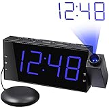 Loud Alarm Clock with Bed Shaker &amp; Projector, Large LED Display &amp; Dimmer, USB Charger, 12/24 H, Vibrating Porjection Alarm Clock for Heavy Sleeper, Deaf, Hearing Impaired, Bedroom Wall Ceiling Pillow