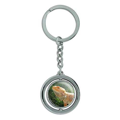 Bearded Dragon in Profile Spinning Round Chrome Plated Metal Keychain Key Chain Ring