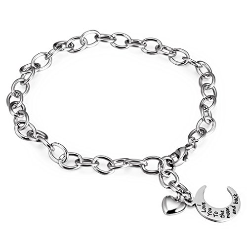 I Love You to the Moon and Back with Heart Charm Bracelets, Cat Eye Jewels 316L Stainless Steel Rolo Chain Bangle Anklet Polished Lobster Clasp (Adjustable Length 5-8.5inch)