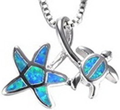 Fortonatori Created Blue Opal Necklace Turtle &amp; Starfish 925 Silver Pendant Necklace 18" Chain