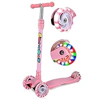 OUTON Kick Scooter for Kids 3 Wheel Lean to Steer Adjustable Height PU 4 LED Flasing Wheels Pink