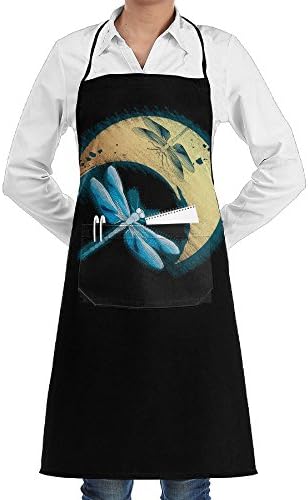 Dragonfly And Moon Adjustable Bib Apron Waterdrop Resistant With 2 Pockets Cooking Kitchen Aprons For Women Men Chef