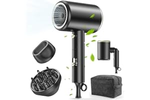MESHEEN Hair Dryer, 150000RPM Ionic Blow Dryer - Fast Drying, Low Noise, Foldable Portable with Diffuser and Nozzle, Compact Mini for Women and Men, Home and Travel - Black