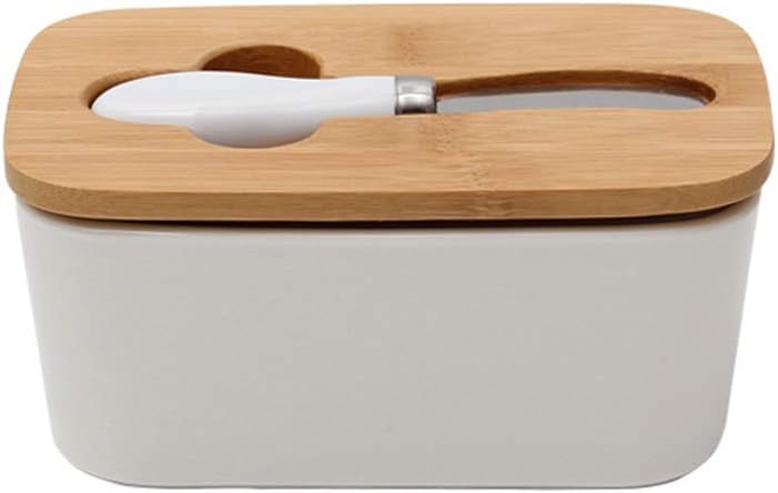 FEOOWV White Ceramic Butter Dish with Knife and Wooden Lid, Kitchen Butter Holder Container, Keep Butter Fresh,16oz/475ml